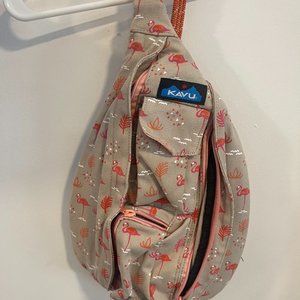 KAVU Backpack Rope Sling Bag Beige & Orange Flamingoes and leaves
